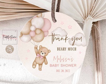 Editable Pink Girl Teddy Bear Thank You Round Tag Sticker Label Thank you Beary Much Baby Shower Sprinkle Template 05V3