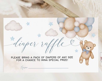 Editable Blue Boy Teddy Bear Air Balloon Diaper Raffle Insert Card We Can Bearly Wait Baby Shower Insert Card Template 05V2