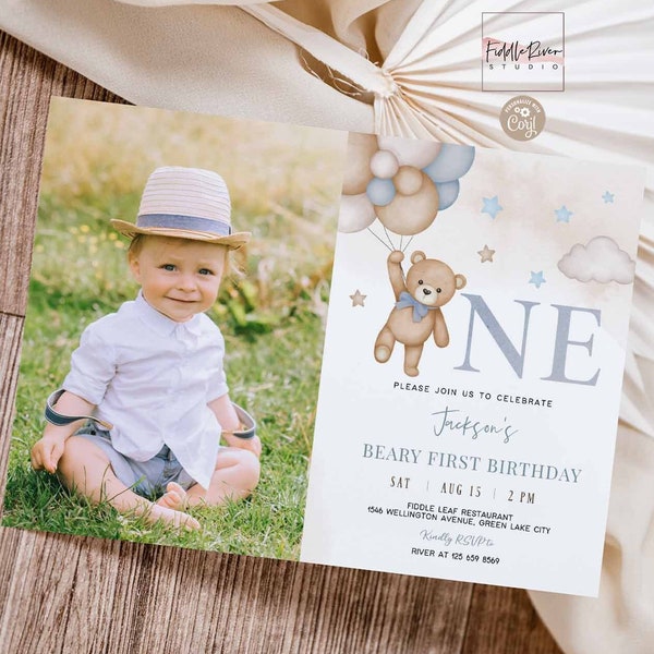 Editable Blue Boy Teddy Bear Balloon Boy Birthday First Birthday Beary First Birthday Photo Invitation Invite Template 05K2 (1-3)