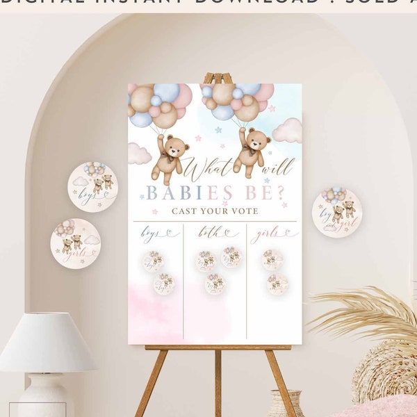 Blauw roze jongen of meisje Twin Chart Wat zullen baby's zijn Gender Reveal Twins Teddybeer Raad het geslachtsteken Afdrukbare Instant Download 05T3