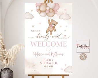 Editable Pink Girl Teddy Bear We Can Bearly Wait Baby Shower Welcome Sign Decor Decoration Printable Template Instant Download 05V3