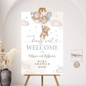 Editable Blue Boy Teddy Bear We Can Bearly Wait Baby Shower Welcome Sign Decor Decoration Printable Template Instant Download 05V2