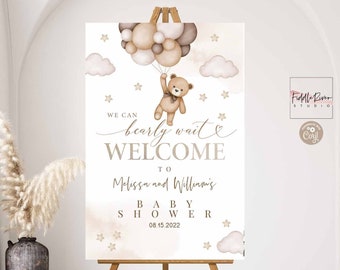 Editable Gender Neutral Teddy Bear We Can Bearly Wait Baby Shower Welcome Sign Decor Decoration Printable Template Instant Download 05V1