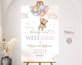 Editable Pink and Blue Gender Neutral Teddy Bear We Can Bearly Wait Baby Shower Welcome Sign Decor Printable Template Instant Download 05V10