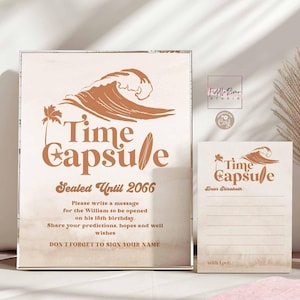 Bewerkbare Boy Boho Minimal The Big One Surfing Beach 1e verjaardag Time Capsule Game teken en kaart afdrukbare sjabloon Instant Download 39K1