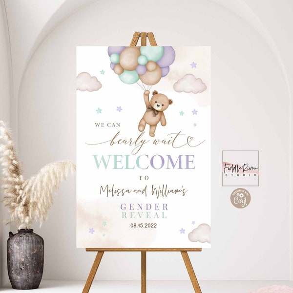 Editable Mint Green Lavender Gender Neutral Teddy Bear We Can Bearly Wait Baby Shower Welcome Sign Printable Template Instant Download 05V12