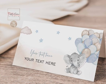 Editable Blue Boy Elephant Folded Place Card Buffet Food Label Guest Name Card Template Instant Download Template 06V2