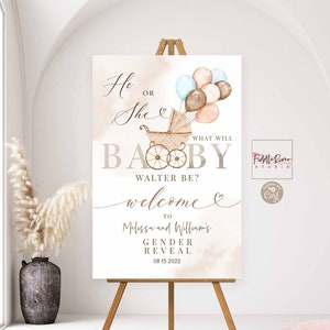 Editable Gender Neutral Baby Carriages Air Balloon He or She Gender Reveal Welcome Sign Decor Printable Template Instant Download 42V1 (1)