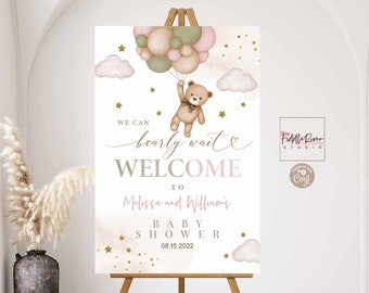 Editable Gold Pink Sage Green Neutral Teddy Bear We Can Bearly Wait Baby Shower Welcome Sign Printable Template Instant Download 05V13