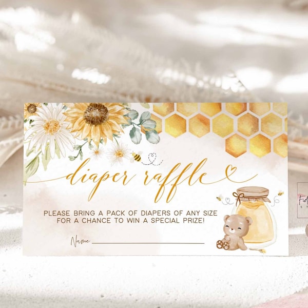 Editable Mustard Yellow Honey Bear Sunflower Honeycomb Diaper Raffle Insert Card Baby Shower Insert Card Template 27V1