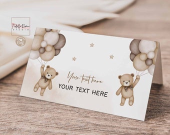 Editable Twin Gender Neutral Twins Teddy Bear Folded Place Card Buffet Food Label Guest Name Card Template Instant Download Template 05T5