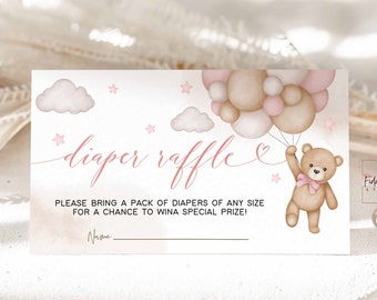 Editable Pink Girl Teddy Bear Air Balloon Diaper Raffle Insert Card We Can Bearly Wait Baby Shower Insert Card Template 05V3