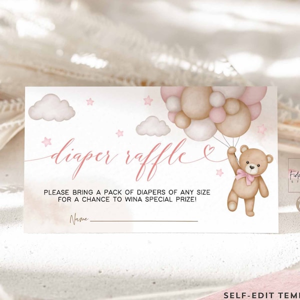 Editable Pink Girl Teddy Bear Air Balloon Diaper Raffle Insert Card We Can Bearly Wait Baby Shower Insert Card Template 05V3