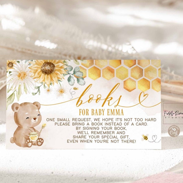 Editable Mustard Yellow Honey Bear Sunflower Honeycomb Books Insert Card Books For Baby Card Baby Shower Insert Card Template 27V1