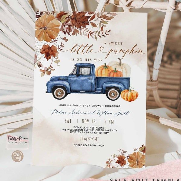 Editable Boy Blue Pumpkin Truck Fall Baby Shower Invitation Boy Sweet Little Pumpkin Sprinkle Shower Invite Template 12V1 (1)