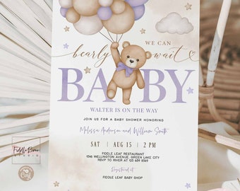 Editable Purple Girl Teddy Bear Balloon We Can Bearly Wait Baby Shower Invitation Sprinkle Shower Invite Template 05V5 (2)