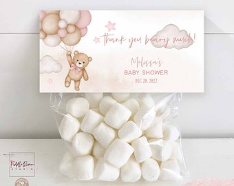 Editable Girl Pink Reveal Teddy Bear Treat Bag Topper Gift Bag Label Tag Favor Thank you Beary Much Baby Shower Sprinkle Template 05V3