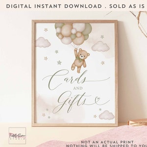 Cartões e presentes de urso de pelúcia verde-sálvia neutros para gênero, placa de decoração de revelação de gênero, impressão instantânea, download 05V4