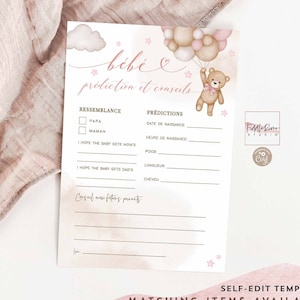 Editable FRENCH Girl Pink Teddy Bear Bébe Prédiction et Conseils Game Baby Shower Sprinkle Bearly Wait Games Printable Instant Download 05V3