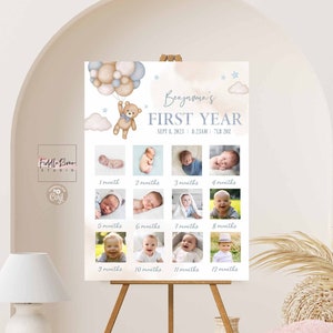 Editable Boy Blue Teddy Bear Birthday Milestone Poster First Year Poster Photo Collage Decoration Printable Template Instant Download 05K2 image 1