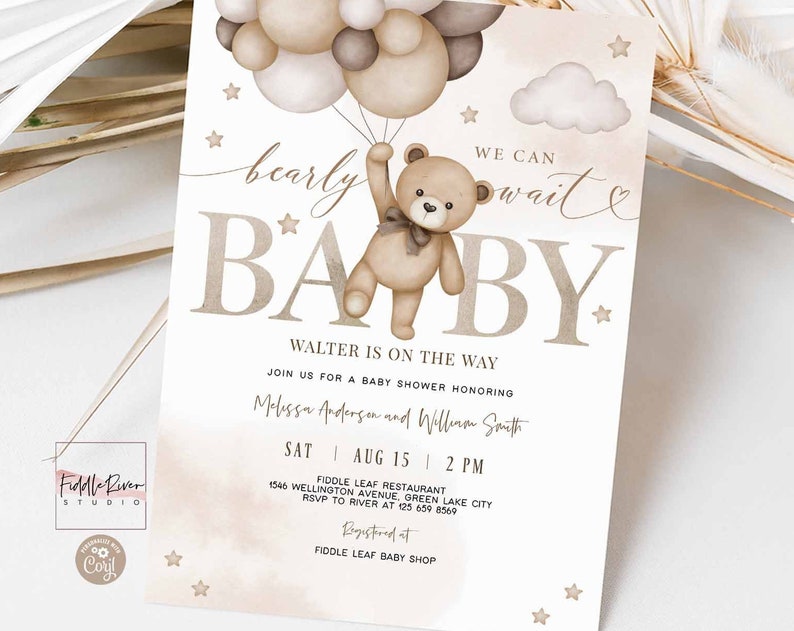 Editable Gender Neutral Teddy Bear We Can Bearly Wait Baby Shower Gender Reveal Invitation Sprinkle Shower Invite Template