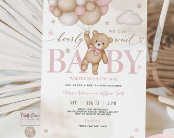 Editable Pink Girl Teddy Bear Balloon We Can Bearly Wait Baby Shower Invitation Sprinkle Shower Invite Template 05V3 (2)