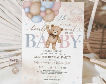 Editable Blue Pink He or She Gender Reveal Teddy Bear He or She We Can Bearly Wait Invitation Sprinkle Shower Invite Template 05V10 (3)