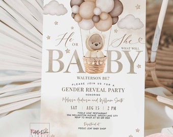 Editable He or She Gender Reveal Hot Air Balloon Teddy Bear We Can Bearly Wait Baby Shower Invitation Shower Invite Template 36V1 (1)