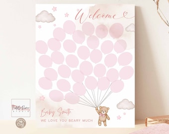 Editable Pink Girl Teddy Bear Baby Shower Balloon Guests Book Bearly Wait Decoration Sign Printable Instant Download 05V3