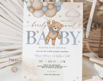 Editable Blue Boy Teddy Bear Balloon We Can Bearly Wait Baby Shower Invitation Sprinkle Shower Invite Template 05V2 (2)