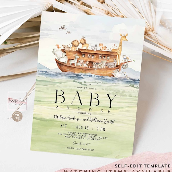 Editable Gender Neutral Noah's Ark Theme Animals Baby Shower Sprinkle Invitation Promised Land Grassland Invite Template 14V2 (1)