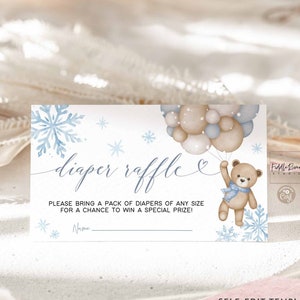 Bewerkbare Blauwe Sneeuwvlok Winter Jongen Teddybeer Luchtballon Luier Verloting Insteekkaart We Can Bearly Wait Insert Card Template 45V2