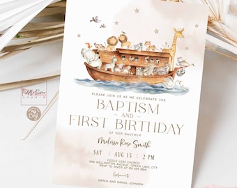 Editable Gender Neutral Noah's Ark Theme Animals Baptism First Birthday 1st Birthday Invitation Invite Template 14R1 (3)