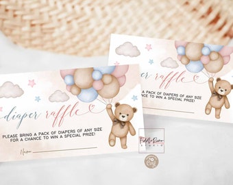 Editable Pink Blue Gender Neutral Reveal Teddy Bear Diaper Raffle Insert Card We Can Bearly Wait Baby Shower Insert Card Template 05V10