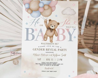 Editable Blue Pink He or She Gender Reveal Teddy Bear We Can Bearly Wait Gender Reveal Invitation Sprinkle Shower Invite Template 05V10 (1)