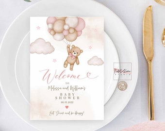 Editable Pink Girl Teddy Bear Welcome Place Card 5x7" Welcome Table Card Template Instant Download Template 05V3