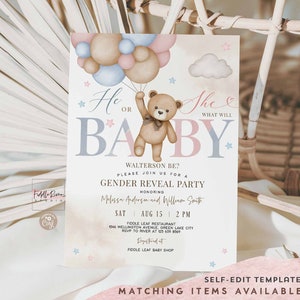 Editable Blue Pink He or She Gender Reveal Teddy Bear We Can Bearly Wait Gender Reveal Invitation Sprinkle Shower Invite Template 05V10 1 image 1