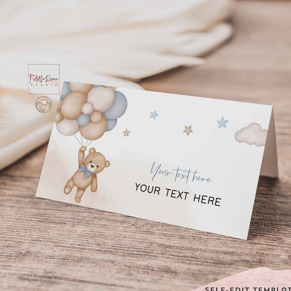 Bewerkbare blauwe jongen teddybeer gevouwen plaatskaart Buffet voedsellabel gast naam kaartsjabloon Instant Download sjabloon 05V2