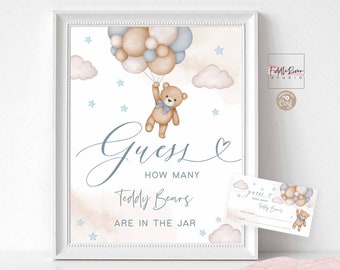 Editable Blue Boy Teddy Bear Guess How Many Game Sign and Card Baby Shower Sprinkle Bearly Wait Games Printable Instant Download 05V2