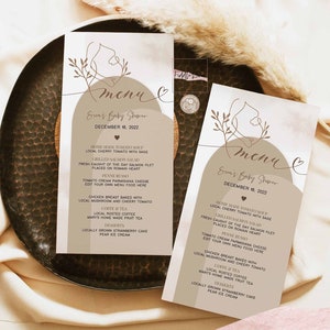 Silueta de barriga de embarazada con arco bohemio editable, contorno simple, plantilla imprimible para menú de baby shower, descarga instantánea 13V1