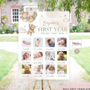 Affiche modifiable d'anniversaire d'ours en peluche vert sauge Affiche de la première année Collage de photos décoration Modèle imprimable Téléchargement immédiat 05K4