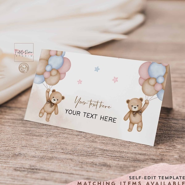 Editable Twin Pink Blue Boy Girl Teddy Bear Folded Place Card Buffet Food Label Guest Name Card Template Instant Download Template 05T3