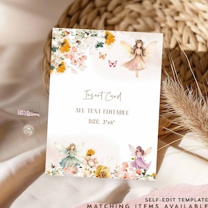 Cartão de anotações editável de fada borboleta flor silvestre jardim 4x3" detalhes do cartão de inserção cartão de inserção de chuveiro modelo de cartão de inserção 43K1