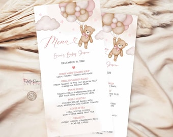 Editable Pink Girl Teddy Bear Shower Sprinkle Baptism Birthday Bridal Editable Menu Printable Template Instant Download 05V3