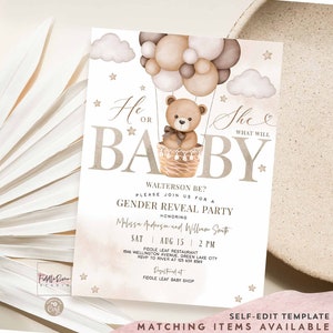 Editable He or She Gender Reveal Hot Air Balloon Teddy Bear We Can Bearly Wait Baby Shower Invitation Shower Invite Template 35V1 1 image 1