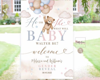 Editable Pink and Blue Gender Neutral Teddy Bear He or She Gender Reveal Welcome Sign Decor Printable Template Instant Download 05V10 (2)