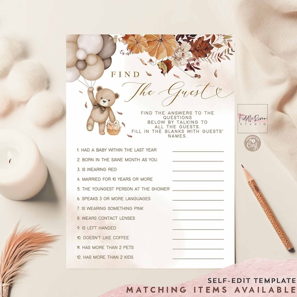 Editable Fall Pumpkins Gender Neutral Teddy Bear Find The Guest Game Baby Shower Sprinkle Bearly Wait Games Printable Instant Download 50V1
