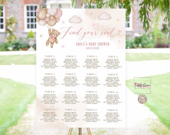 Editable Pink Teddy Bear Find Your Seat Baby Shower Sprinkle Bridal Baptism Shower Birthday Seating Chart Template Instant Download 05V3