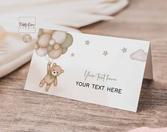 Editable Sage Green Gender Neutral Teddy Bear Folded Place Card Buffet Food Label Guest Name Card Template Instant Download Template 05V4