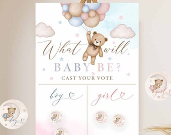 Blue Pink Boy or Girl Chart What Will Baby Be Gender Reveal Teddy Bear Cast Your Vote Guess The Gender Sign Printable Instant Download 05V10